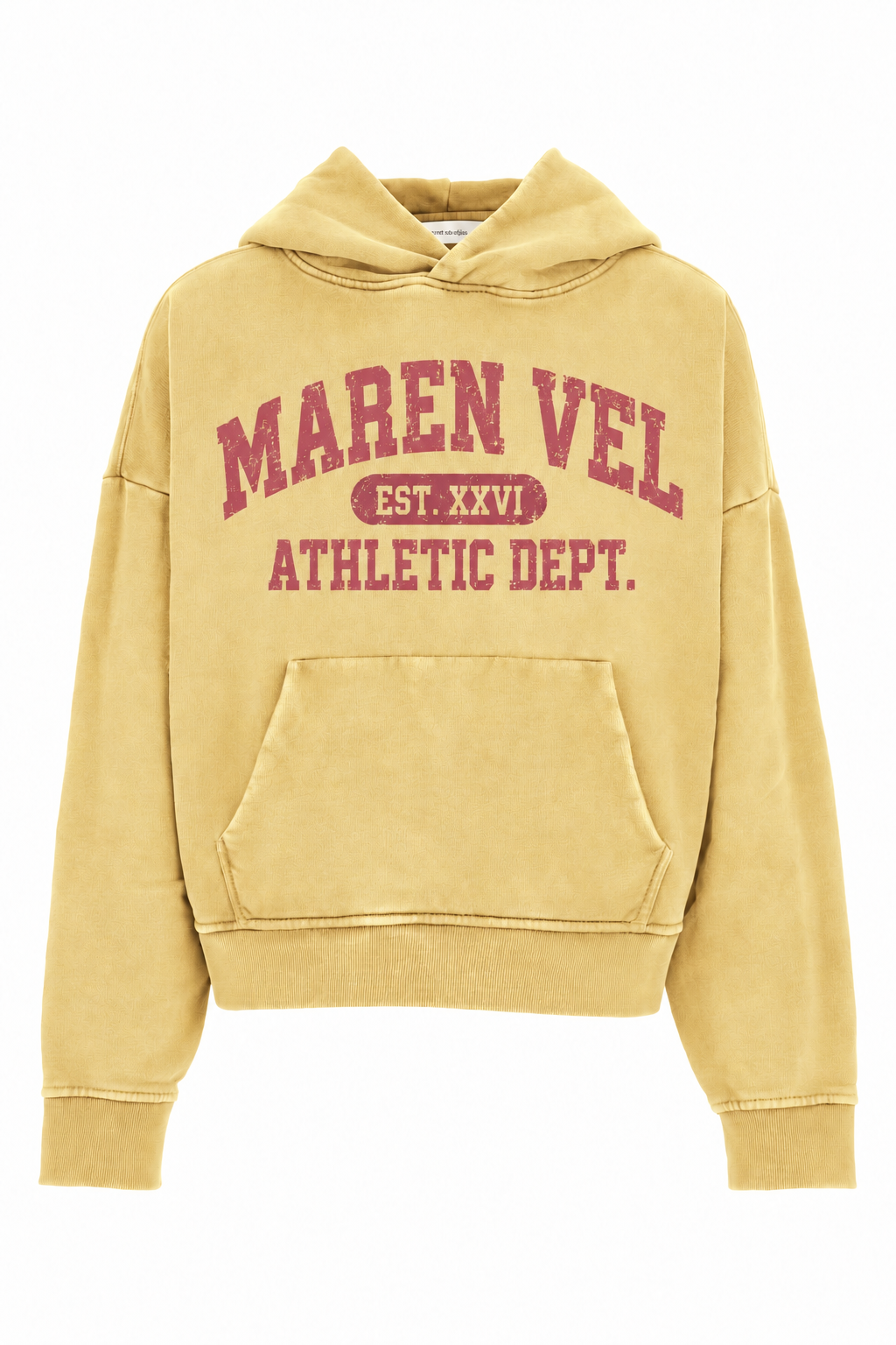 Butter yellow hoodie with distressed raspberry MAREN VEL Athletic Dept. lettering