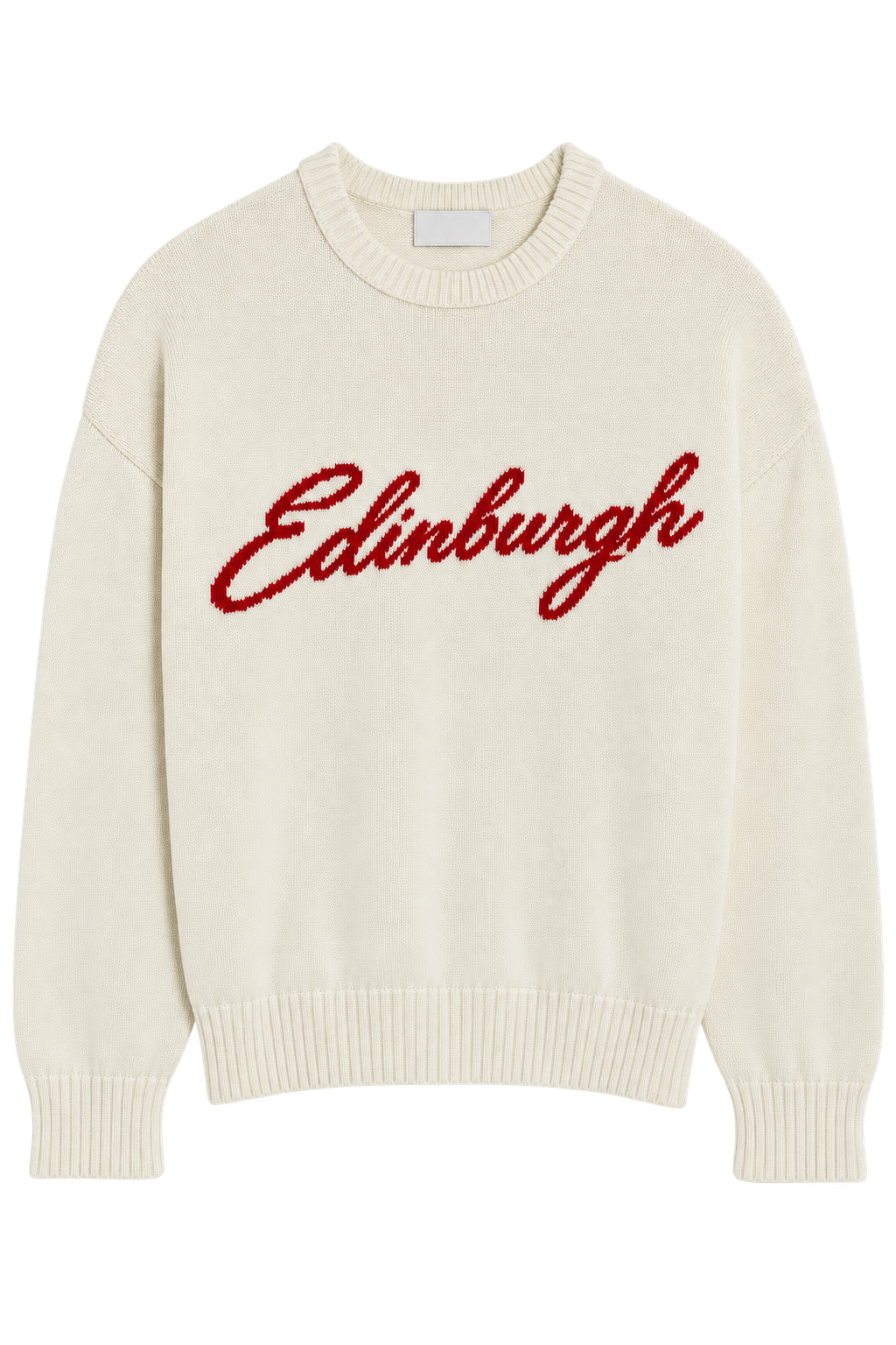 Cream crewneck knit sweater with red Edinburgh script across the chest