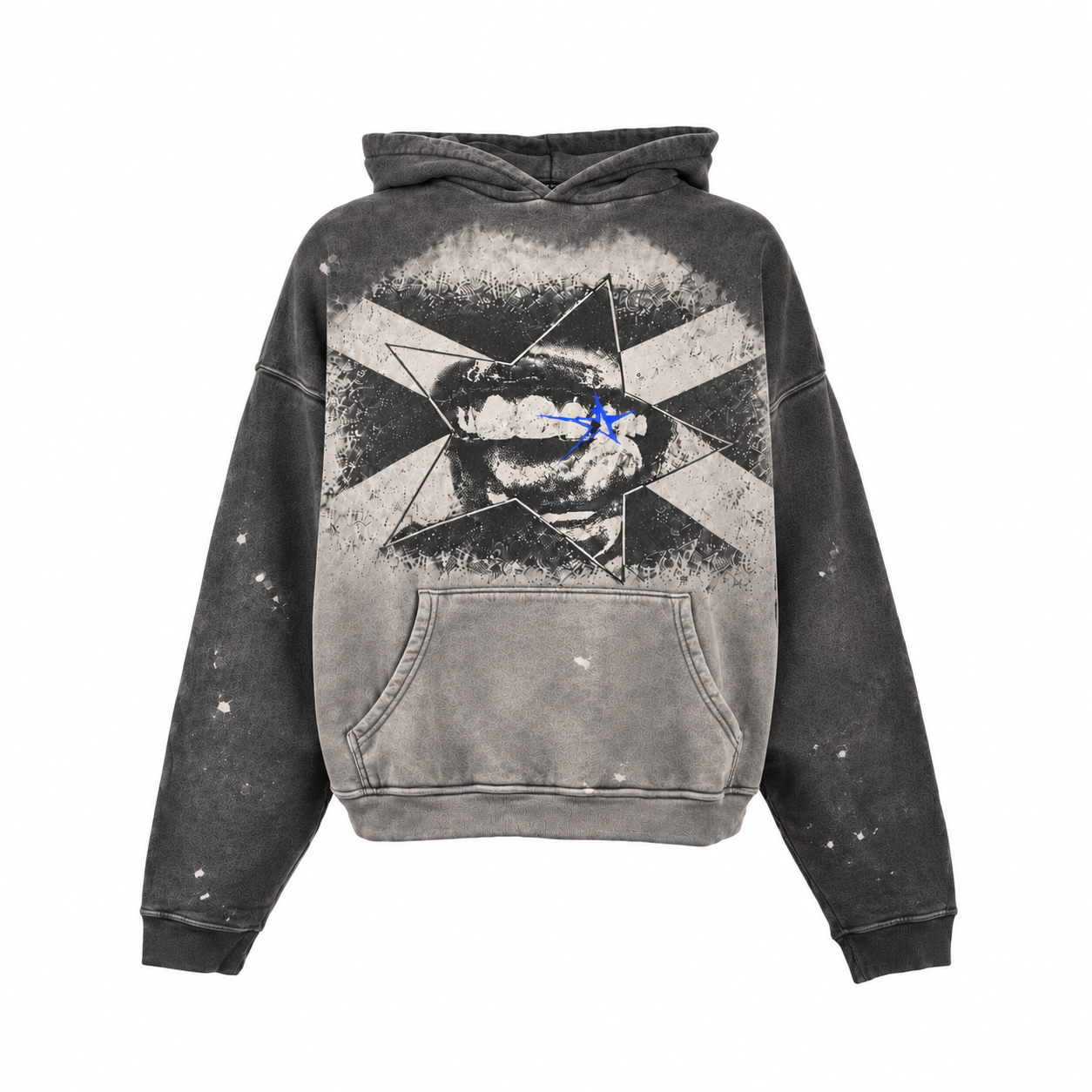 Washed charcoal hoodie with a distressed cream Saltire, lips graphic and small cobalt blue accent