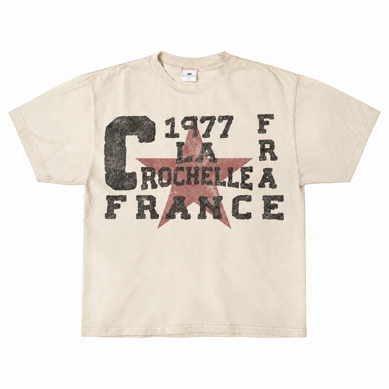 Vintage ecru tee with black La Rochelle France lettering and a faded red star