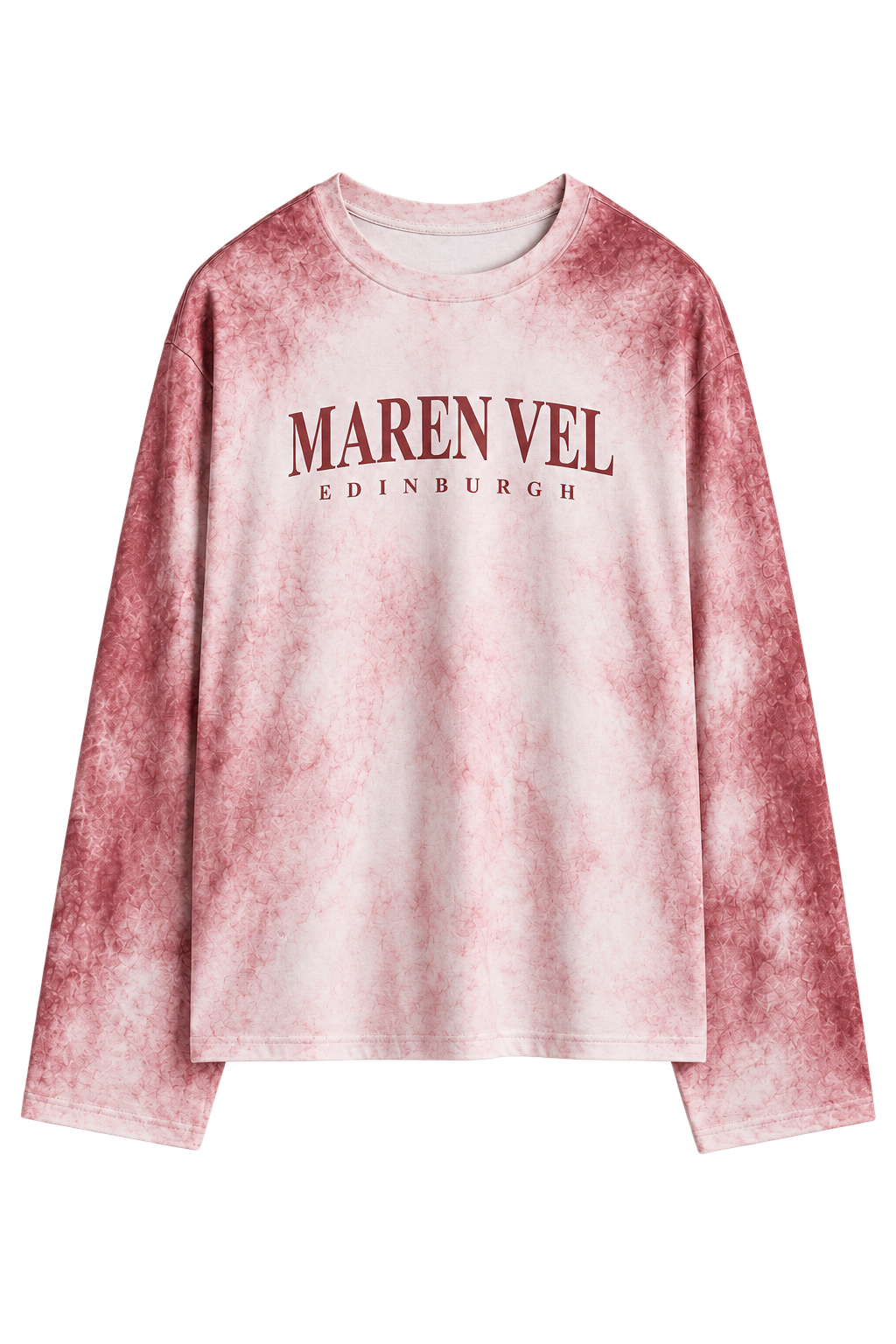 Pale pink long sleeve with oxblood marbled shoulders and sleeves and MAREN VEL Edinburgh lettering