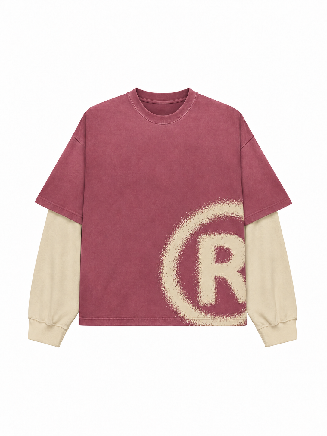 Dusty red layered long sleeve with cream sleeves and an oversized distressed cream registered symbol at the lower right
